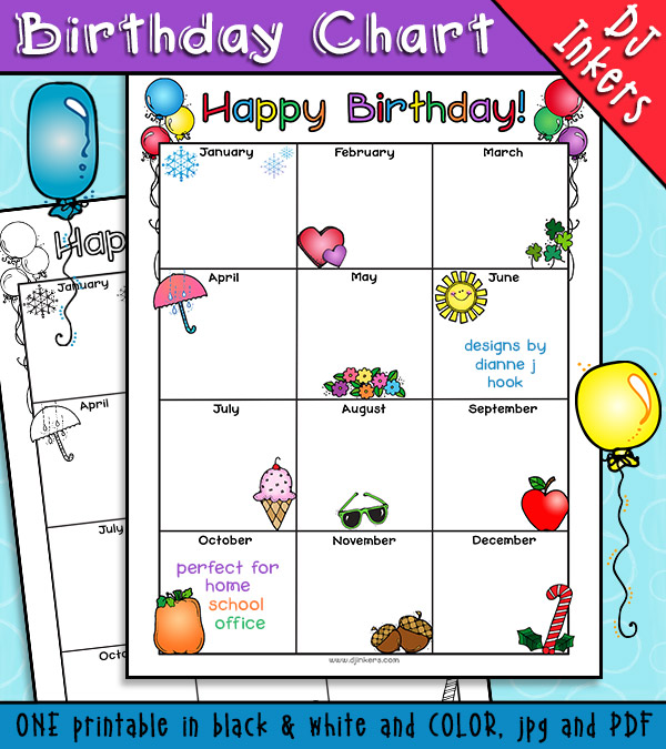Printable monthly birthday chart for school, home or bulletin boards