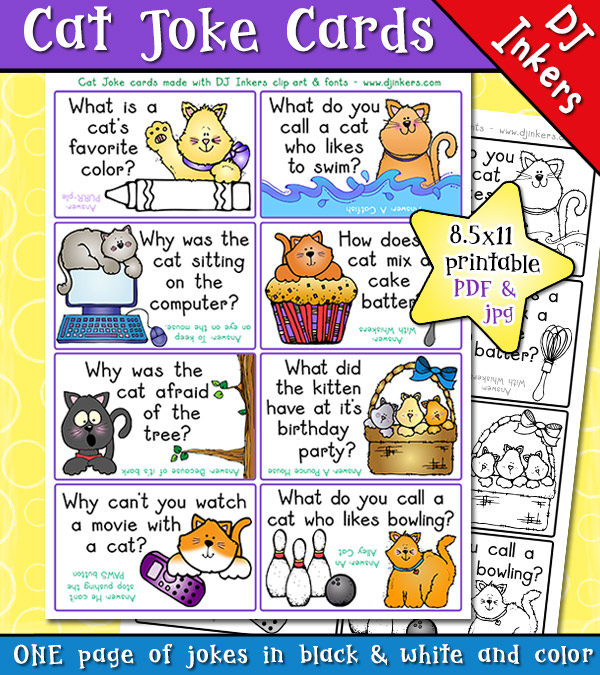 Printable Kitty Cat Joke cards for kids by DJ Inkers