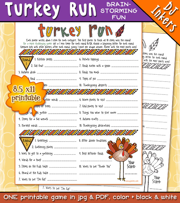 Printable brainstorming activity for Thanksgiving, friendsgiving and turkey time by DJ Inkers