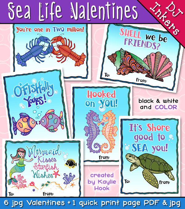 Sea Life Valentines - Digital or Printable Cards