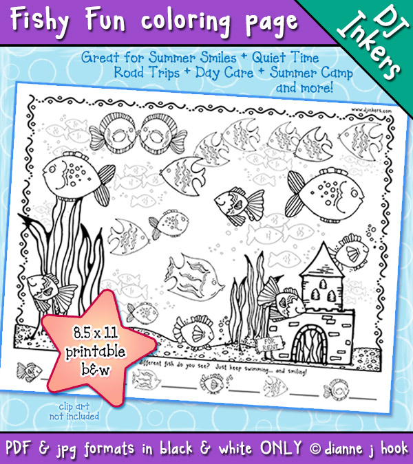 Fishy Fun coloring page and counting worksheet by DJ Inkers